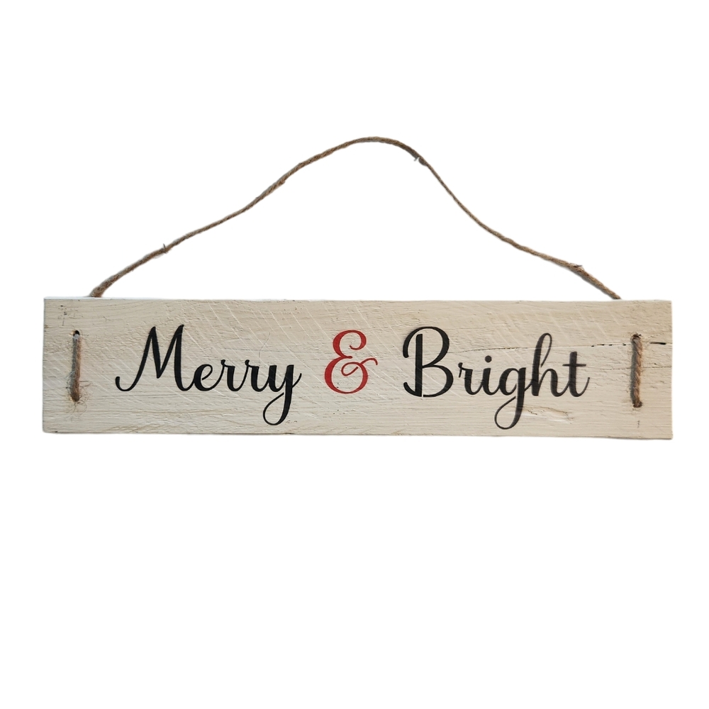 Merry & Bright Boho Retro Antique White Hanging Wood Wall Sign with Jute Decor